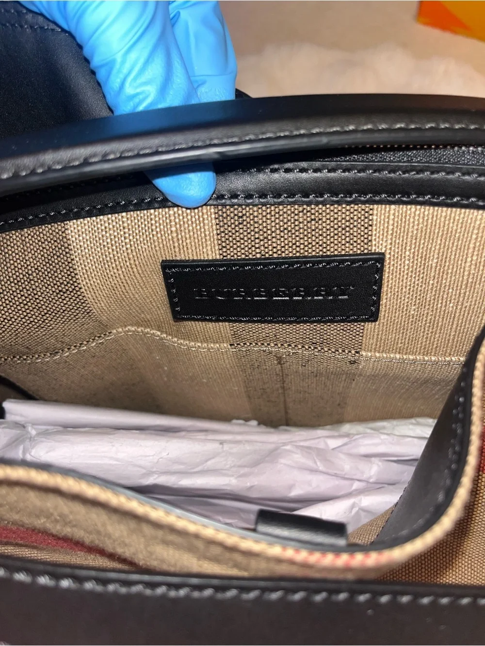 Burberry Tan & Black Canvas Hobo with Stripe Detail